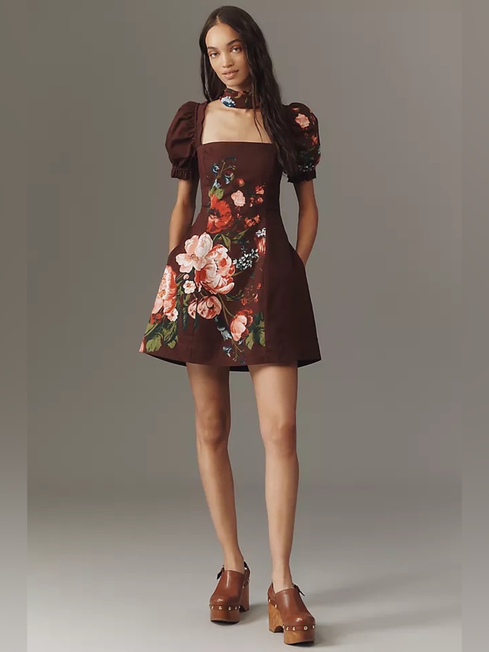 Anthropologie Maeve Puff Sleeve Square Neck Floral Mini Dress Floral Maroon Sz S - Picture 1 of 11